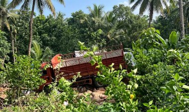 അടക്കയുമായി പോയ ലോറി മറിഞ്ഞു; വീടിന്റെ ഒരു ഭാഗം തകർന്നു, രണ്ടുപേർക്ക് പരിക്ക്.