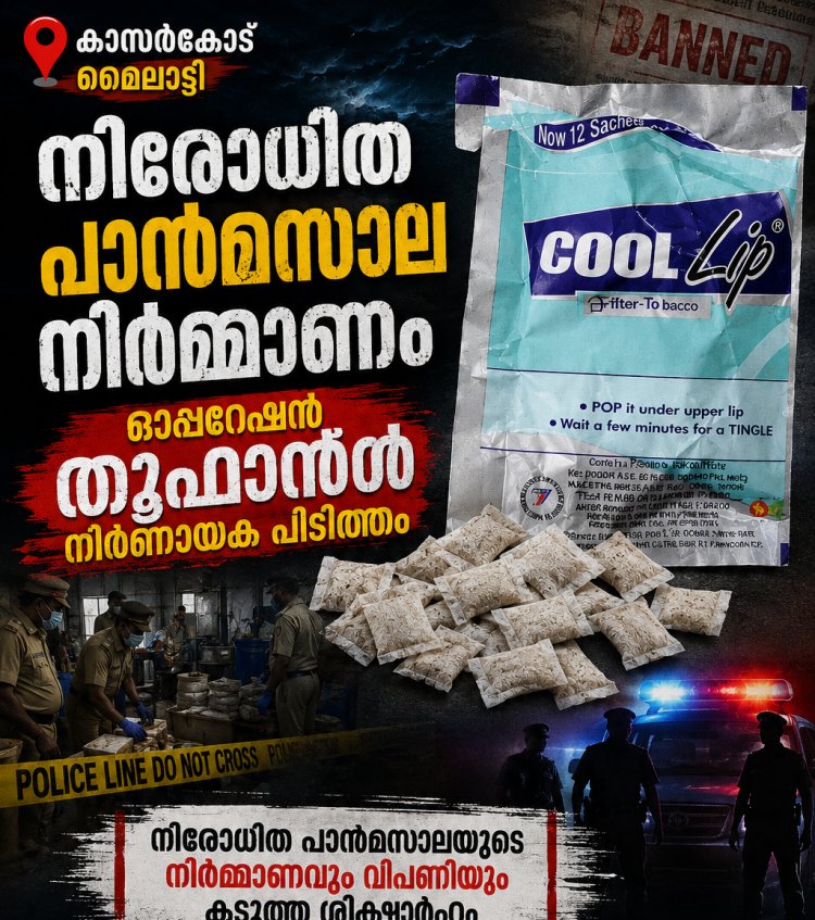 കാസർകോട് മൈലാട്ടിയിൽ നിരോധിത പാൻമസാല നിർമ്മാണം. ഓപ്പറേഷൻ തൂഫാനിൽ നിർണായക പിടിത്തം.