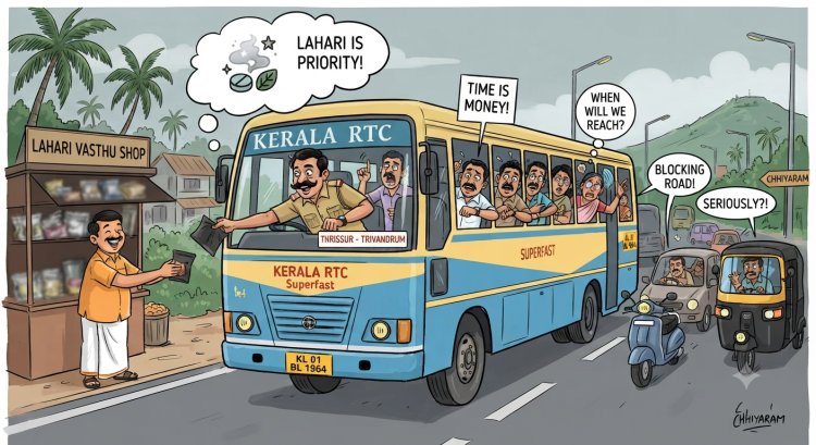 യാത്രക്കാരുടെ സമയത്തിന് പുല്ലുവില; നടുറോഡിൽ ബസ് നിർത്തി ഡ്രൈവറുടെ 'മുറുക്കാൻ' വാങ്ങൽ