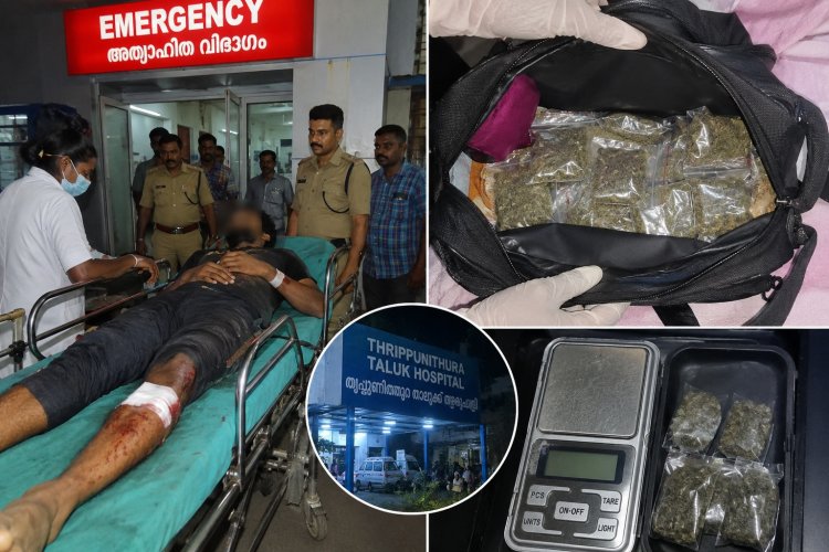 അപകടത്തിൽപ്പെട്ട യുവാവിന്റെ ബാഗ് തുറന്നപ്പോൾ ഞെട്ടൽ; തൃപ്പൂണിത്തറ ആശുപത്രിയിൽ കഞ്ചാവും തൂക്കയന്ത്രവും കണ്ടെത്തി.