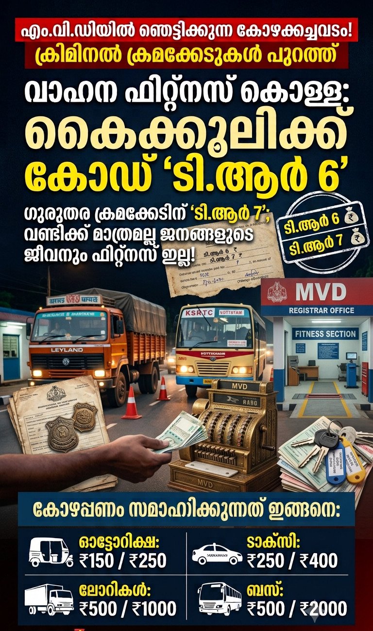 എം.വി.ഡിയിലെ കോഴപ്പണം 'ടി.ആർ 6', റിസ്‌ക് എടുത്താൽ 'ടി.ആർ 7'; വണ്ടിക്ക് മാത്രമല്ല ജനങ്ങളുടെ ജീവനും ഫിറ്റ്നസ് ഇല്ല!