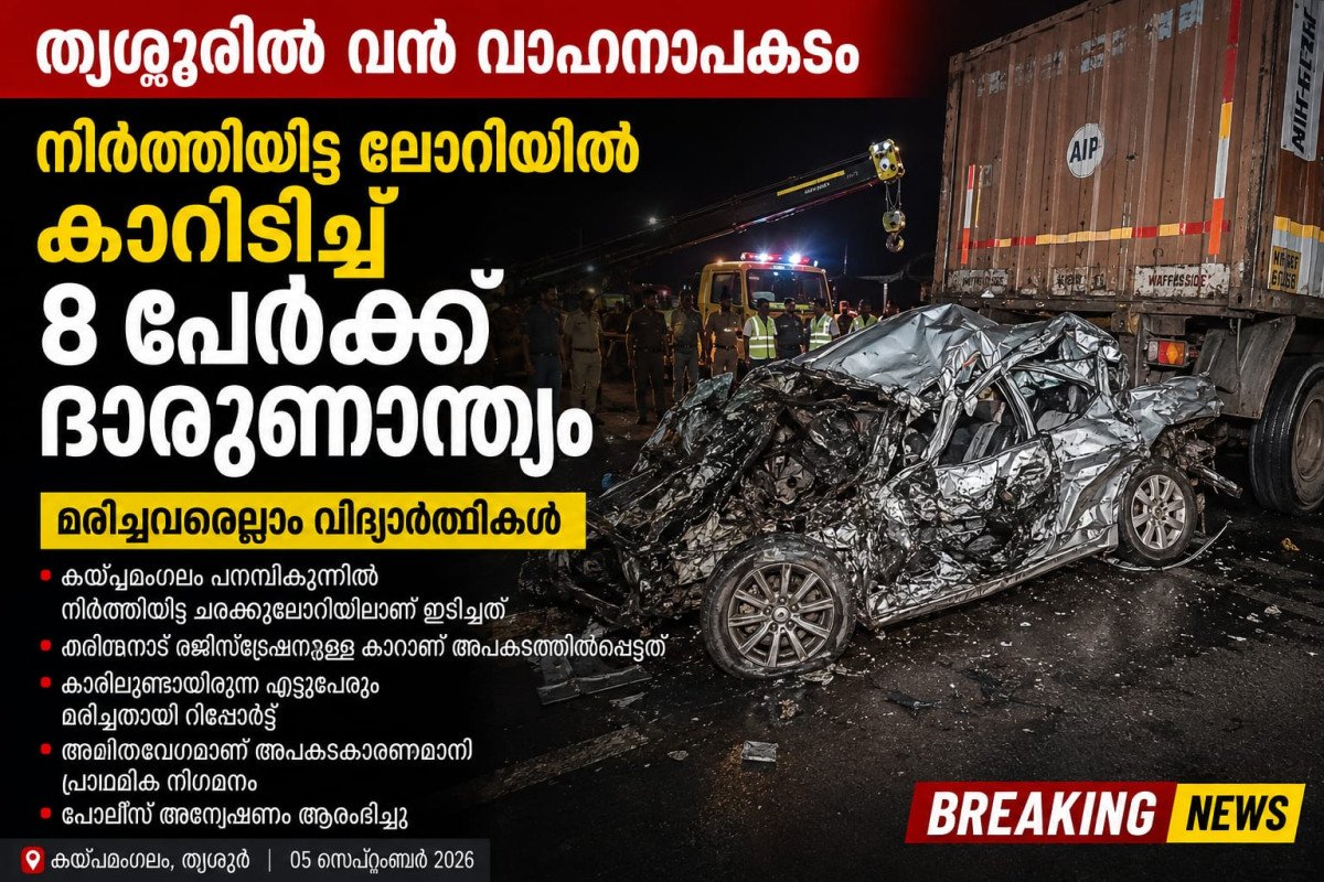 തൃശൂരിൽ വൻ വാഹനാപകടം; നിർത്തിയിട്ട ലോറിയിൽ കാറിടിച്ച് 8 പേർക്ക് ദാരുണാന്ത്യം