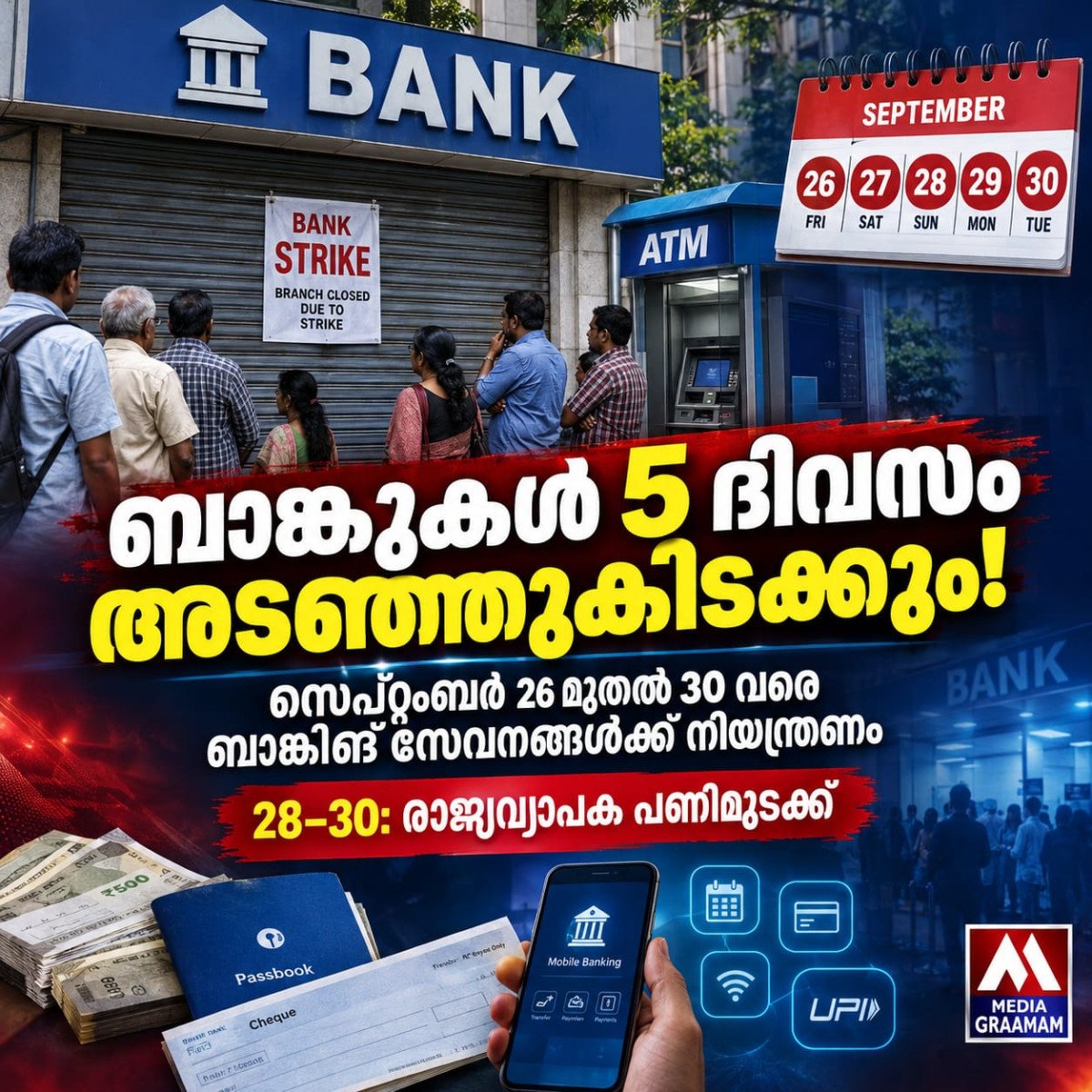 ബാങ്കുകൾ തുടർച്ചയായി 5 ദിവസം അടഞ്ഞുകിടക്കും; സെപ്റ്റംബർ 28 മുതൽ പണിമുടക്ക്