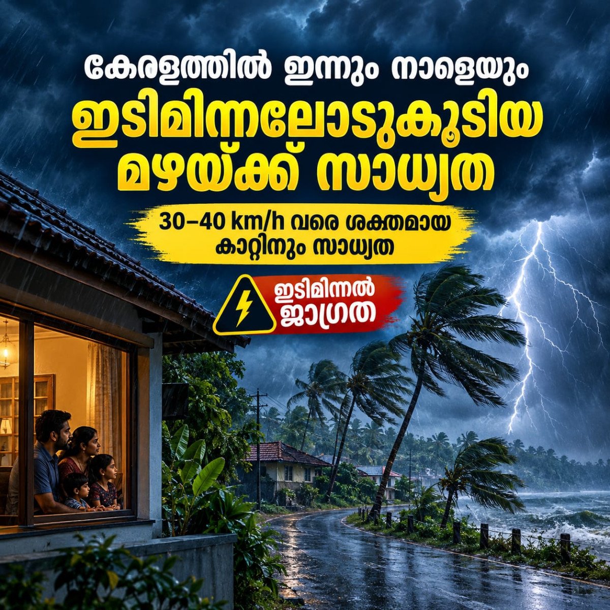 കേരളത്തിൽ ഇന്നും നാളെയും ഇടിമിന്നലോടുകൂടിയ മഴ; 40 km/h വരെ ശക്തമായ കാറ്റിന് സാധ്യത