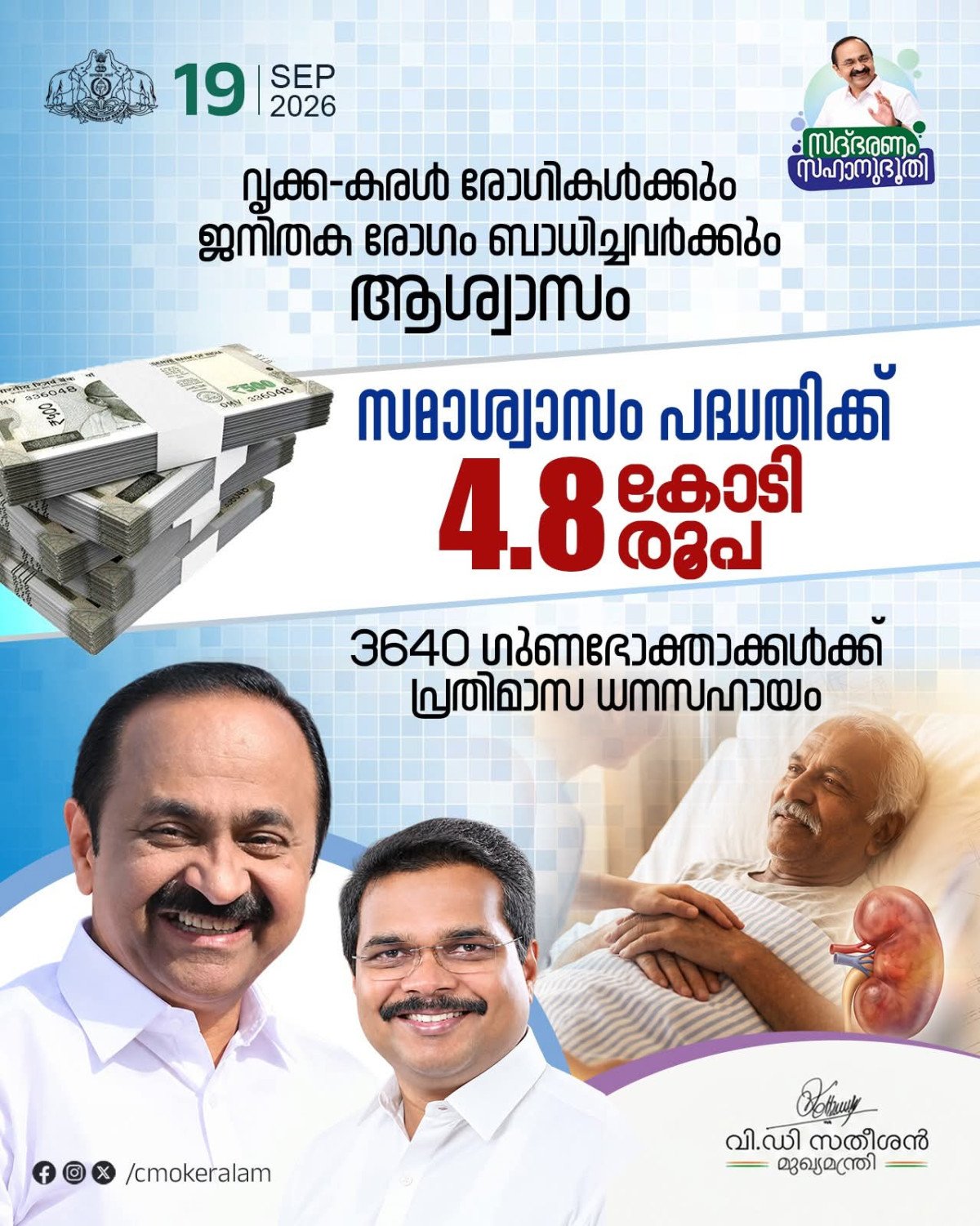 സമാശ്വാസം പദ്ധതിക്ക് 4.80 കോടി രൂപ; 3640 പേർക്ക് പ്രതിമാസ ധനസഹായം