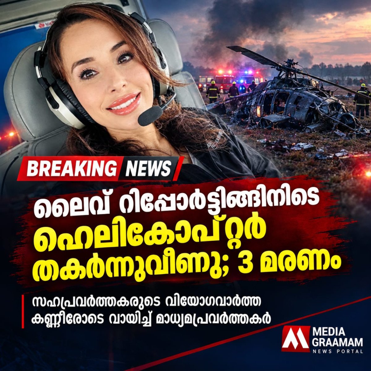 ലൈവ് റിപ്പോർട്ടിങ്ങിനിടെ ഹെലികോപ്റ്റർ തകർന്നുവീണു; 3 മരണം — സഹപ്രവർത്തകരുടെ വിയോഗവാർത്ത കണ്ണീരോടെ വായിച്ച് മാധ്യമപ്രവർത്തകർ