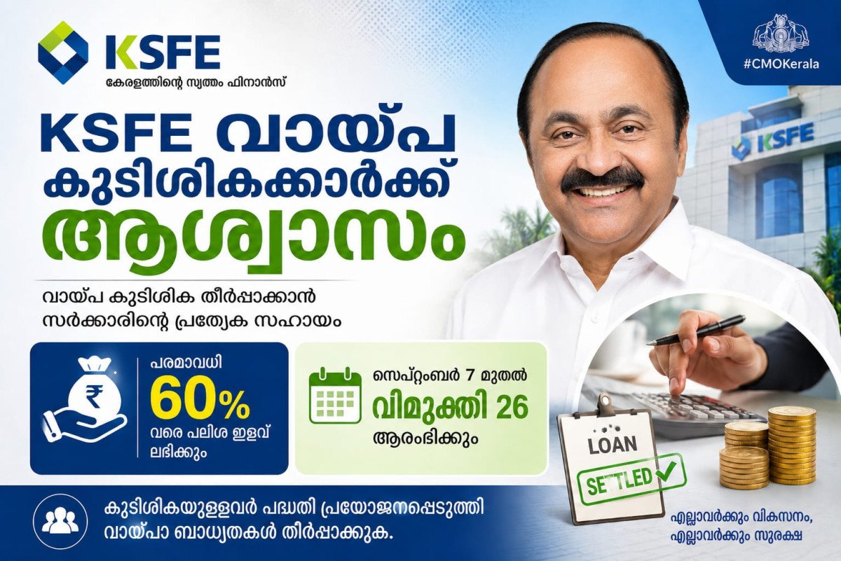 KSFE വായ്പ കുടിശികക്കാർക്ക് ആശ്വാസം; പലിശയിൽ 60% വരെ ഇളവ്