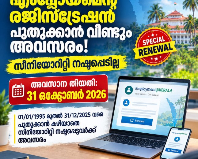എംപ്ലോയ്‌മെന്റ് രജിസ്‌ട്രേഷൻ പുതുക്കാൻ വീണ്ടും അവസരം; സീനിയോറിറ്റി നഷ്ടപ്പെടില്ല