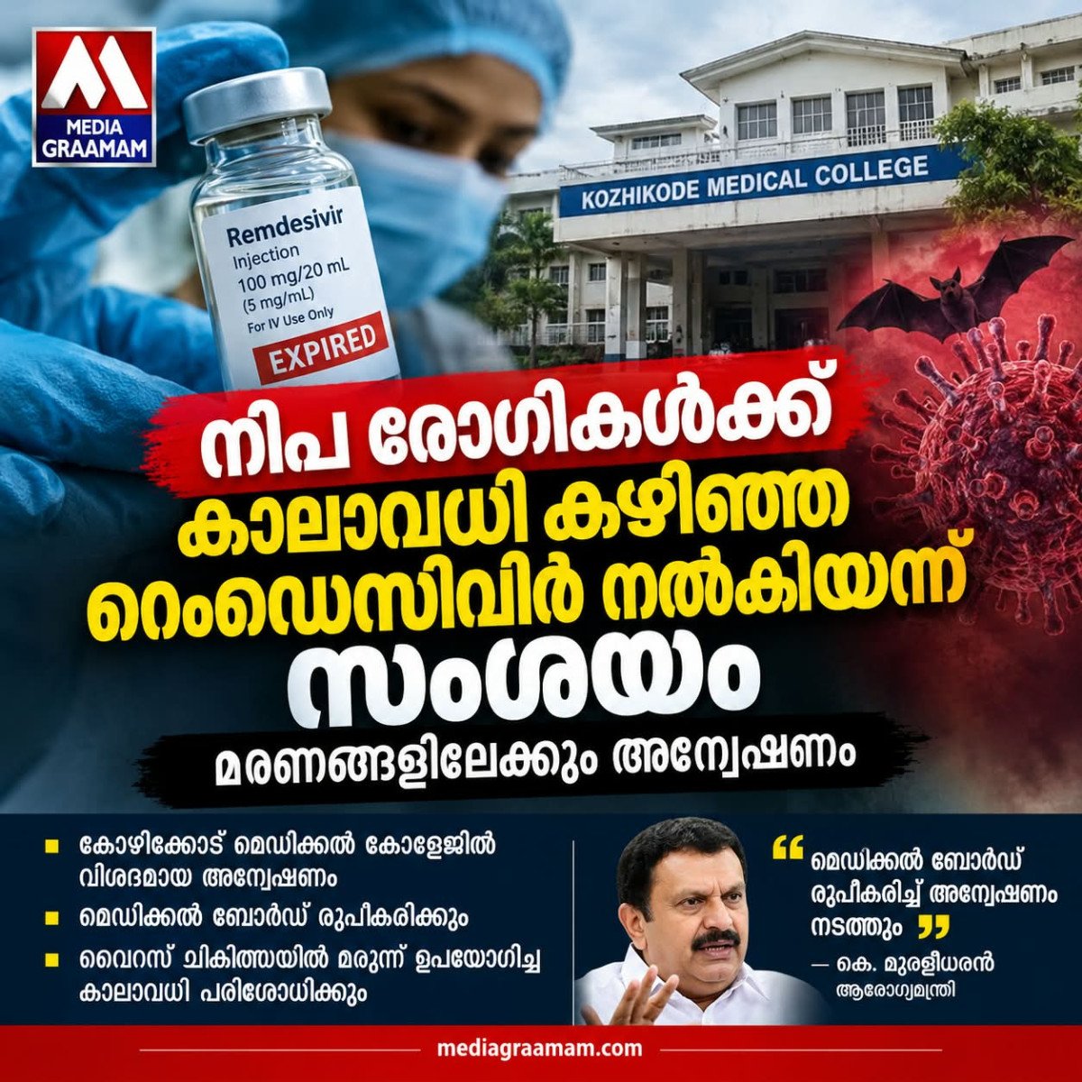 നിപ രോഗികൾക്ക് കാലാവധി കഴിഞ്ഞ റെംഡെസിവിർ നൽകിയെന്ന് സംശയം; മരണങ്ങളിലേക്കും അന്വേഷണം