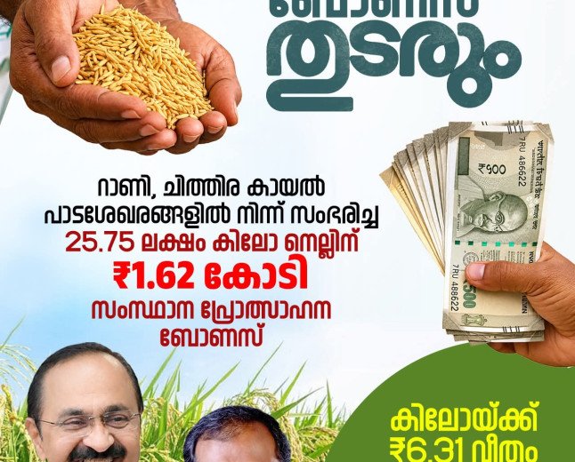 റാണി, ചിത്തിര പാടശേഖരങ്ങളിലെ കർഷകർക്ക് ആശ്വാസം; 1.62 കോടി രൂപ പ്രോത്സാഹന ബോണസ് അനുവദിച്ചു